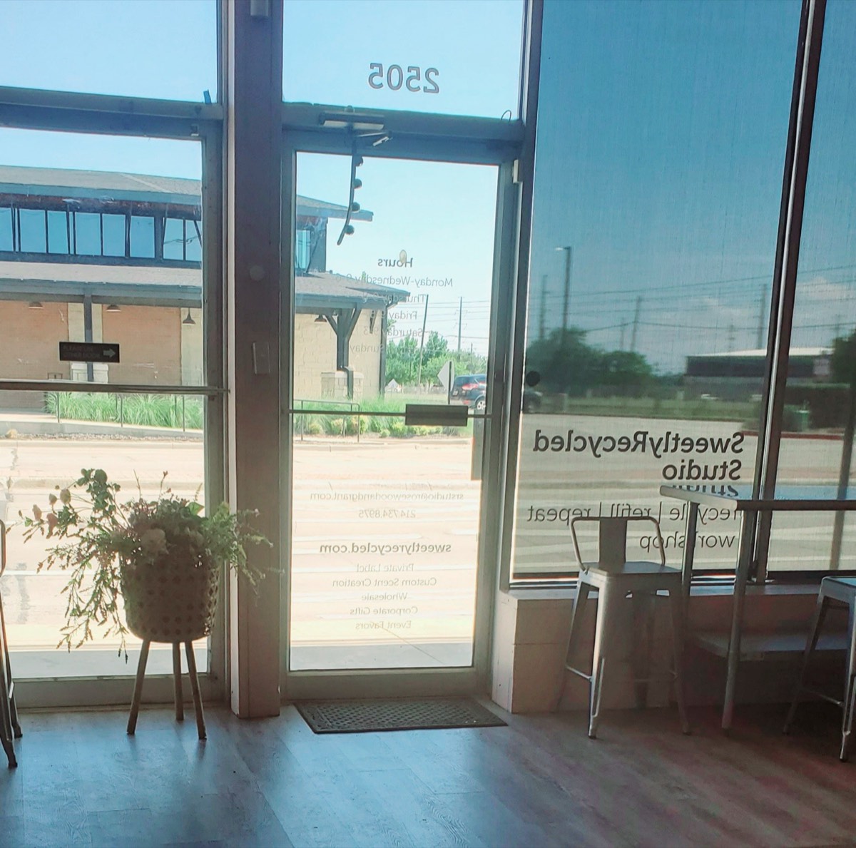 Looking out through the front door of the SweetlyRecycled studio in Farmers Branch