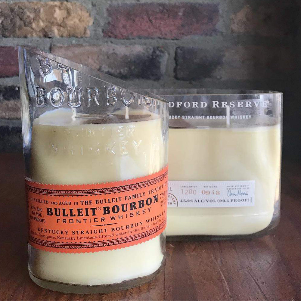 Finished candle in a hand cut liquor bottle