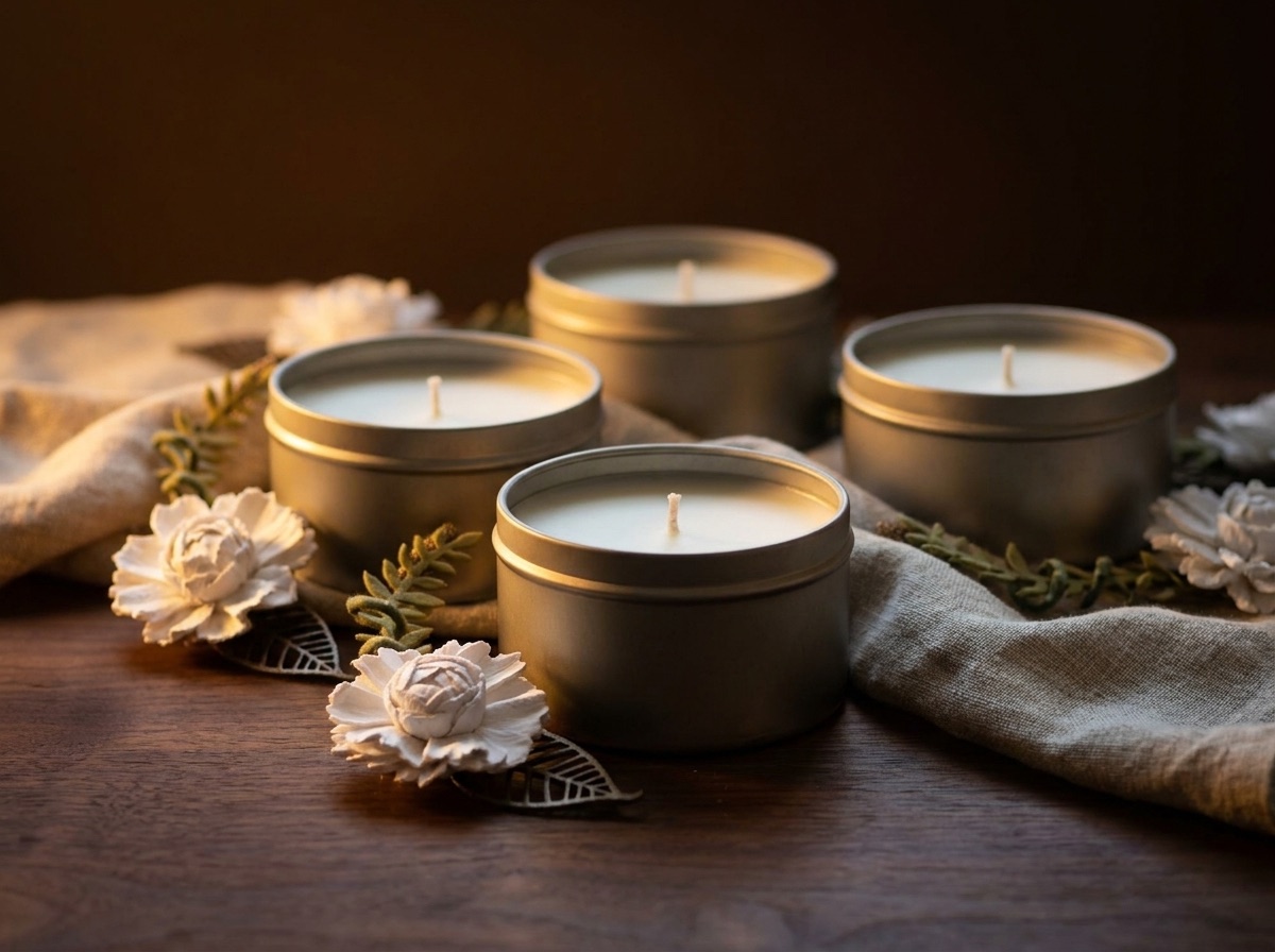 Metal candle tins on dark wood