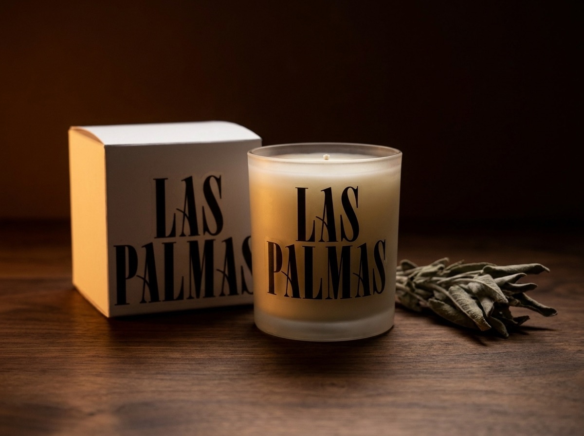 Las Palmas candle in frosted glass beside its box